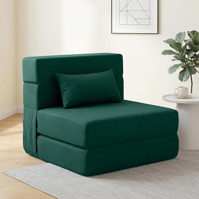 SUYOLS Folding Sofa Bed with Pillow- Convertible Chair Floor Couch & Sleeping Mattress, Foldable Memory Foam Sleeper for Living Room/Dorm/Guest Room/Home Office/Apartment/Loft, Single28, Dark Green