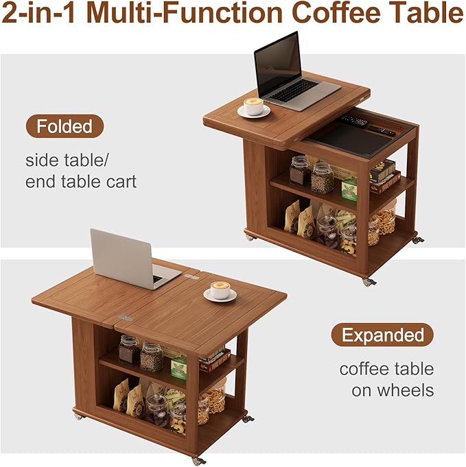 Folding Dining Table with Wheels, Solid Wood Dining Table Stylish 2-Tier Design for 2-4,Walnut Hidden Storage for Living Room,Small Spaces, Dining Room, Kitchen