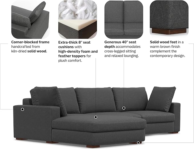 SIMPLIHOME Charlie Left-Facing Sectional Sofa in 100% Recycled Polyester Tightly Woven Performance Fabric, Pebble Grey, 122-inches Wide, Handcrafted Contemporary Style L-Shaped Couch with Chaise