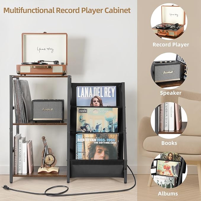 Bikoney Record Player Stand with Power Outlet, Turntable Stand with 3-Tier Vinyl Record Storage, Record Player Table Up to 200 Albums, Records Shelf, Vinyl Record Holder Cabinet for Living Room