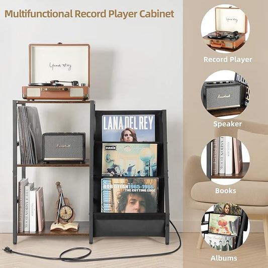 Bikoney Record Player Stand with Power Outlet, Turntable Stand with 3-Tier Vinyl Record Storage, Record Player Table Up to 200 Albums, Records Shelf, Vinyl Record Holder Cabinet for Living Room