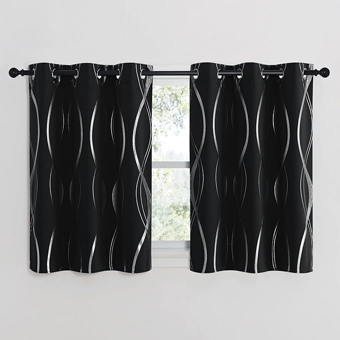 NICETOWN Black Out Curtains for Small Window, 2 Panels, 42 inches Wide by 40 inches Long, Foil Printed Wave Lines Thermal Insulated Blackout Panels/Drapes for Bedroom Kitchen Loft Cafe