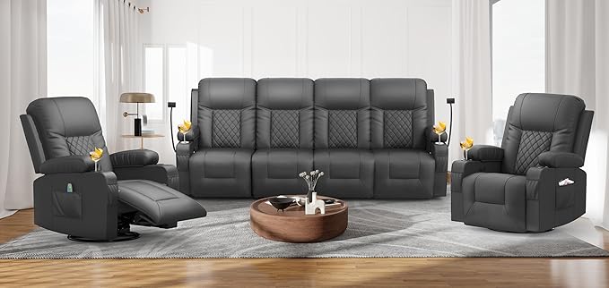 FURNIMAT Oversized Recliner Sofa Set with 4+1+1 Pieces in Living Room, 4 Seater Reclining Sofa, 2 Recliner Chair with 360 Degree Swivel Single Sofa Seat