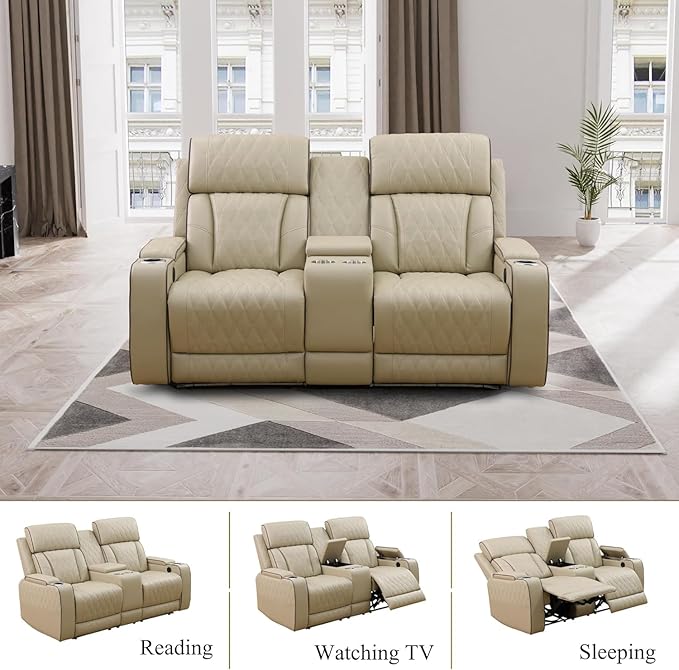 Leather Power Recliner Sofa Set with LED, Living Room Furniture Set, Leather Sofa Set with USB Port Storage Console Cup Holder for Office Living Room Home (Khaki)