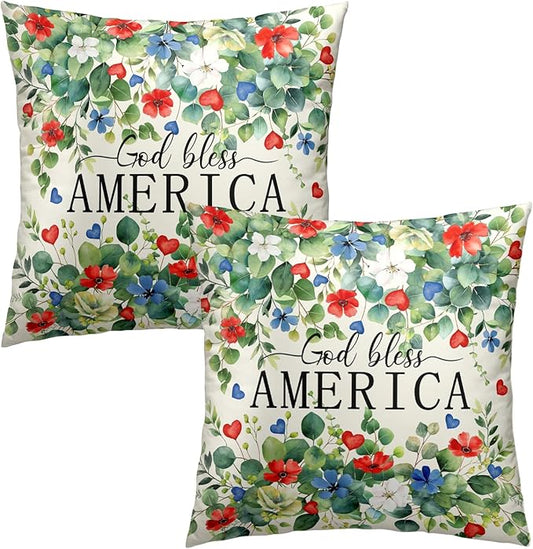 4th of July Pillow Covers Patriotic God Bless America Throw Pillow Covers 18 x 18 Eucalyptus Leaf with Red White Blue Flower Pillow Cases Memorial Day Cushion Case for Home Sofa 2Pcs