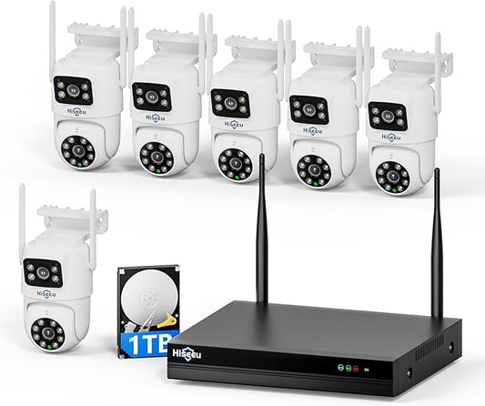 Hiseeu Wireless Security Cameras Outdoor, 5G & 2.4G WiFi Pro, Wireless Home Security Camera System, 6 Cam-Kit with Dual Lens, Auto Tracking, Color Night Vision, 1TB HDD No Subscription, Need Plug in