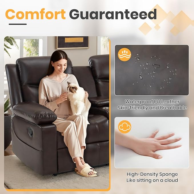 Loveseat Recliner Sofa with Massage & Heating, Reclining Loveseat with Console, RV Wall Hugger Double Loveseat Recliner Couch for Living Room & Home Theater (Brown)