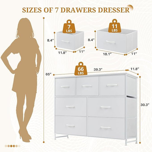 Dresser with 7 Drawers for Bedroom, Fabric Clothes Cabinet for Closet, Anti-Tip Storage Dresser with Metal Frame for Living Room, Entryway, Dorm, White