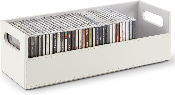 Stock Your Home CD Storage Box, Organizer Shelf for Movie Cases, DVDs, Cassette Tape Display Stand, Disc Holder Can Store Up to 40 CDs, Faux Leather (White)