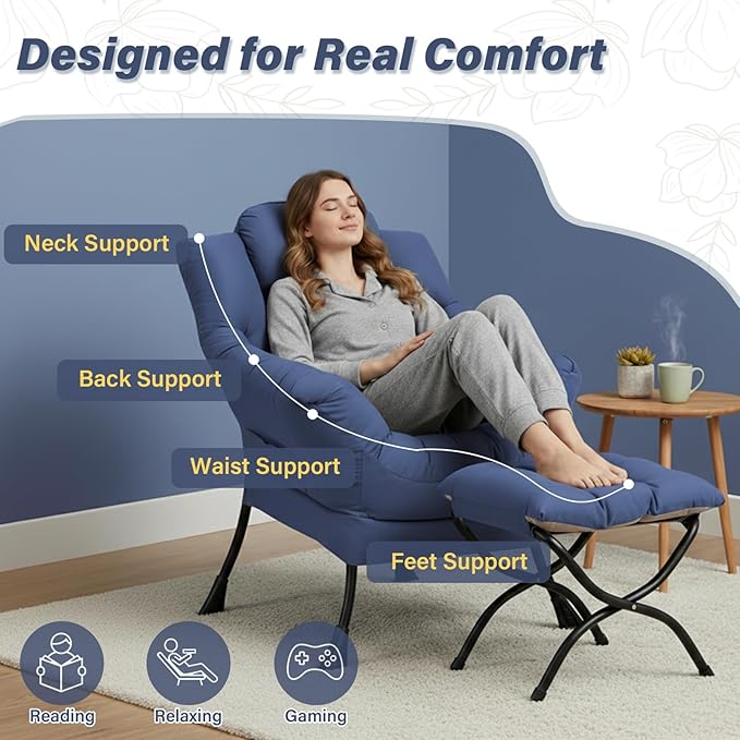 Lazy Chair and Ottoman, Peach Blue Large Accent Chair with Side Pocket, Modern Leisure Upholstered Sofa Reading Armchair with Footrest for Office, Bedroom, Living Room, Dorm Rooms, Balcony