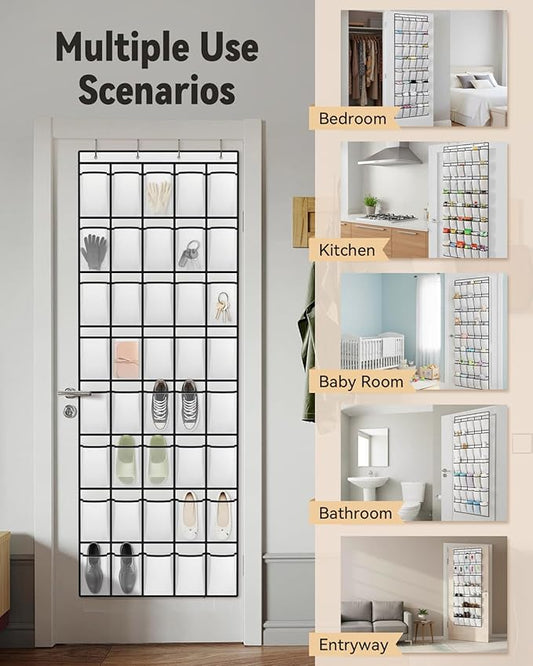 dodowin Over the Door Shoe Organizers, 2 Pack - 40 Deep Mesh Pockets Each, Over The Door Shoe Rack with 4 Metal Hooks Each, Space Saving Hanging Storage Holder for Closets, Shoes & Accessories, White