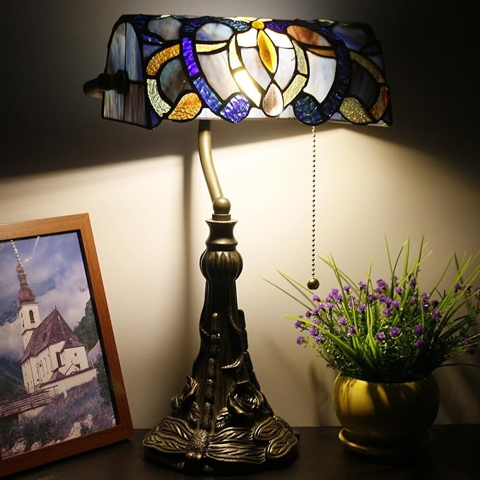 Tiffany Banker Lamp Small Stained Glass Table Lamp Tiffany Style Piano Light Blue Purple Cloudy Style Desk Lamp Angle Adjustable 10.6X15.7 Inch for Home Office Living Room Bedroom