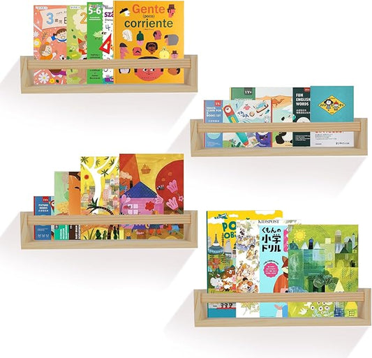 Kids Floating Shelves (Set of 4) - Wall-Mounted Book & Toy Storage, Display Ledges with Front Bar, Unfinished Natural Pine Wood for Nursery, Bedroom & Bathroom Decor (Natural Wood, 23.6")