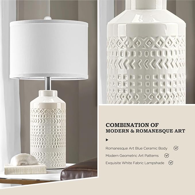Set of 2 Modern Cream White Ceramic Table Lamps, 23.5" Elegant Farmhouse Bedside Lamps with White Linen Shade, Vintage Nightstand Lamps for Bedroom, Living Room & Entryway (Bulbs Not Included)