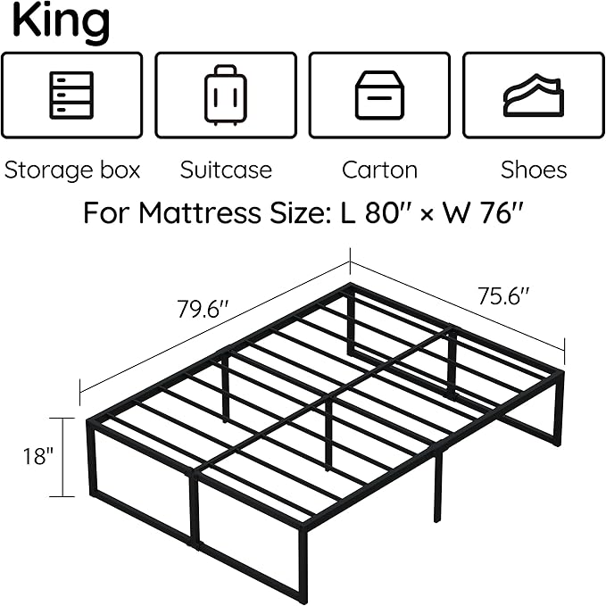 18 inch King Bed Frame Metal Platform Mattress Foundation with Heavy Duty Steel Slat Support, No Box Spring Needed, Easy Assembly, Black