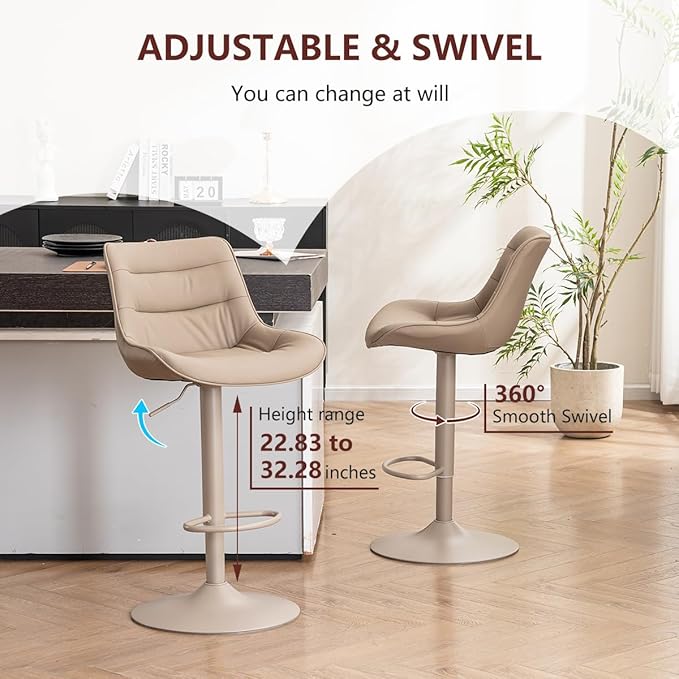 Kidol & Shellder Bar Stools Set of 2, Adjustable Swivel Counter Height Stools with Back, PU Faux Leather Upholstered, Modern Kitchen Island Home Bar Chair, Khaki