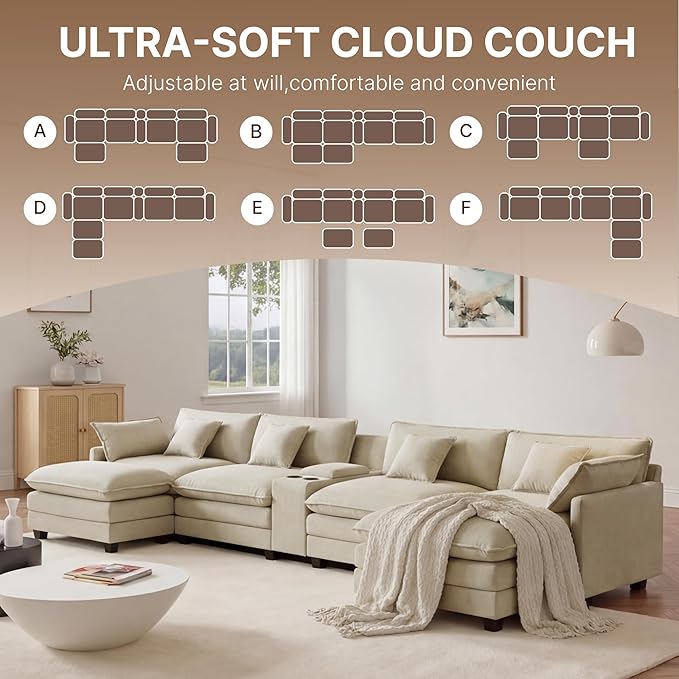 157" Oversized Modular Sectional Sofa with Storage Console,U-Shaped Cloud Couch with Movable Ottoman,Deep Seat,Thick Cushions, Multi Functional Console with USB & 2 Cup Holder,Sofa Set for Living Room | Wood Frame