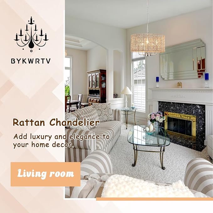 18.9'' Hand Woven Rattan Chandelier, 5-Light Brushed Nickel Chandelier Rattan Pendant Light Fixture, Wicker Farmhouse Chandeliers for Dining Room Bedroom Living Room Foyer