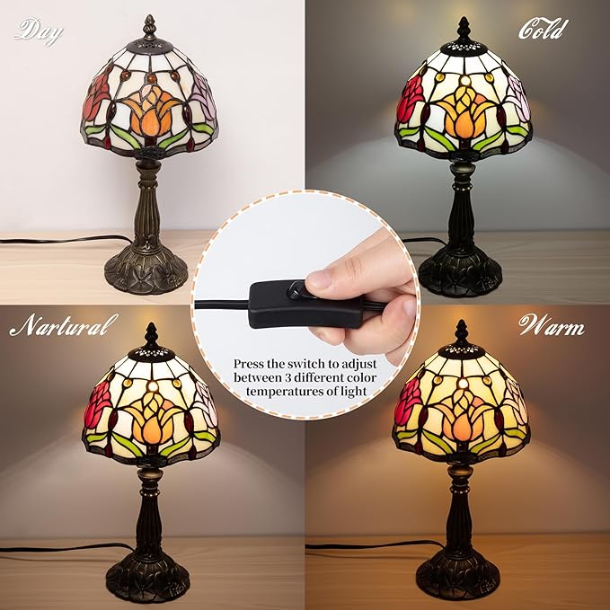 Tiffany Style Lamp,3 Color-Temperature Flower Stained Glass Lamp,8 Inch Tiffany Table Lamp for Bedroom Living Room Home, Handcrafted Light, Included Bulb