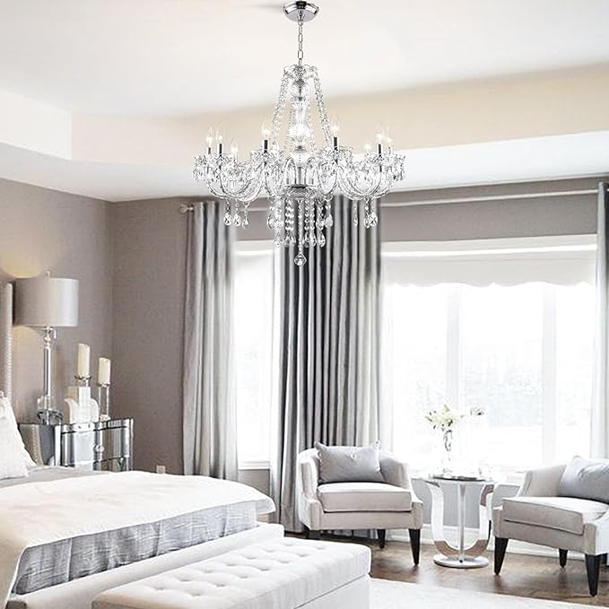 PAPAYA Crystal Chandeliers Clear Chandelier 25 * 27.5in 10-Light Modern Pendant Ceiling Lighting Fixture with Acrylic Crystals & Beads for Girls Room,Living Room,Kitchen Island,Entryway