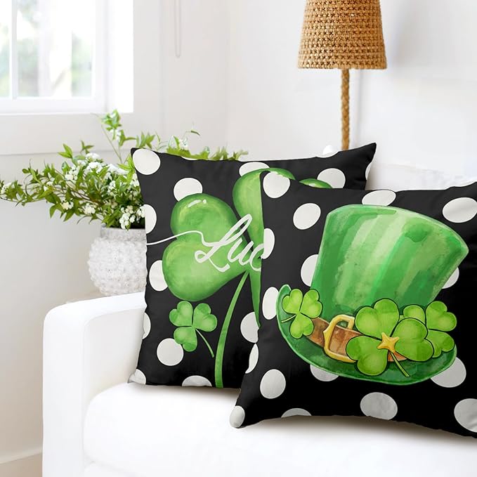 St Patricks Day Shamrock Pillow Covers 22 x 22 Set of 2 Lucky Clover Hat Throw Pillow Cases Black White Polka Dots Cushion Cover Holiday Decor for Sofa Couch
