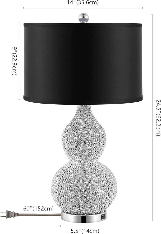 SAFAVIEH Lighting Collection Nicole Modern Silver Bead Base/ Black Shade 25-inch Bedroom Living Room Home Office Desk Nightstand Table Lamp Set of 2 (LED Bulbs Included)