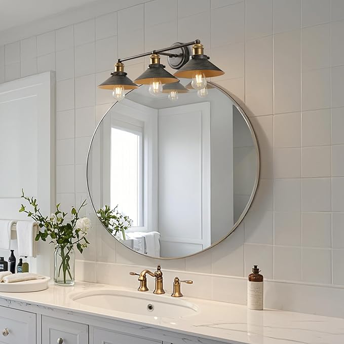 JONATHAN Y 7.88" Rustic Dark Gray/Brass Gold 1-Light Industrial Farmhouse Metal Vanity Light Wall Sconce, Metal Shade for Bathroom Mirror, Kitchen, Entryway, LED Bulb Included (JYL7428D)