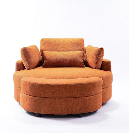 ERYE Oversized Round Accent Barrel Chair with Storage Ottoman and Adjustable Headrest, Modern Linen Upholstered Leisure Recliner Armchair for Living Room Bedroom