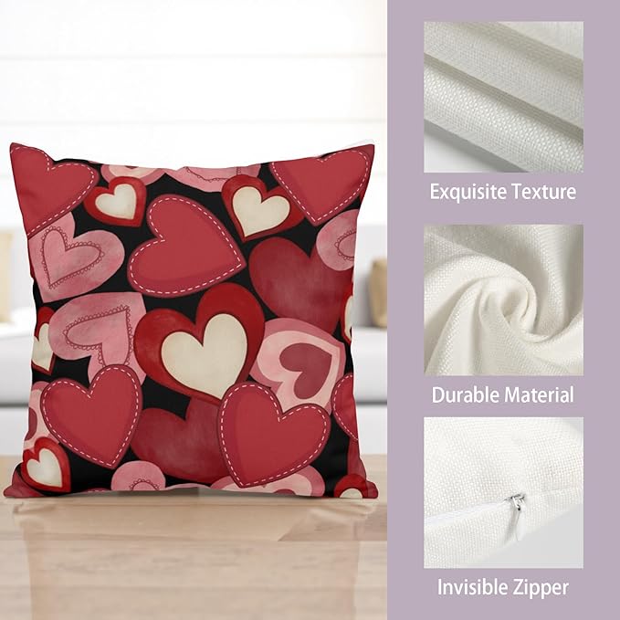 Valentines Outdoor Pillow Covers 18x18 Set of 2 Red Black Love Heart Farmhouse Decorative Throw Pillows Valentine Day Wedding Cushion Case for Home Sofa Couch Bed