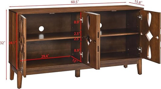 Ball & Cast 60" Mid Century Modern Sideboard Cabinet with Openwork Carving, Media Console & Buffet Cabinet with 4 Doors and Adjustable Shelves for Living Room,Kitchen Coffee Bar, Dining Room, Walnut