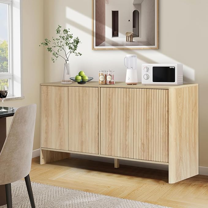 Modern Accent Buffet Cabinet with Adjustable Shelves, Storage Cabinet with 4 Doors, Modern Sideboard Buffet Cabinet, Freestanding Sideboard with Fluted Doors for Kitchen and Living Room (Black)