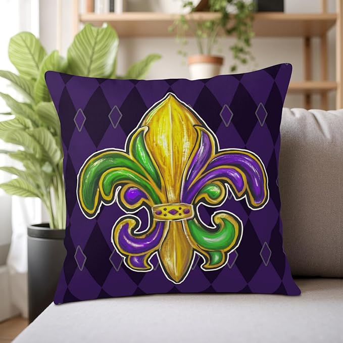 Mardi Gras Pillow Covers 20x20 Set of 2 Fleur De Lis Decorative Throw Pillows Purple Green Gold Outdoor Decorative Holiday Pillow Cases for Porch Sofa Couch Party Decor