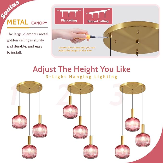 3-Light Glass Pendant Chandelier Pink Pendant Light Vintage Cluster Pendant Lights Kitchen Island Gold Light Fixtures Ceiling Hanging Dining Room Lights Over Table Lighting