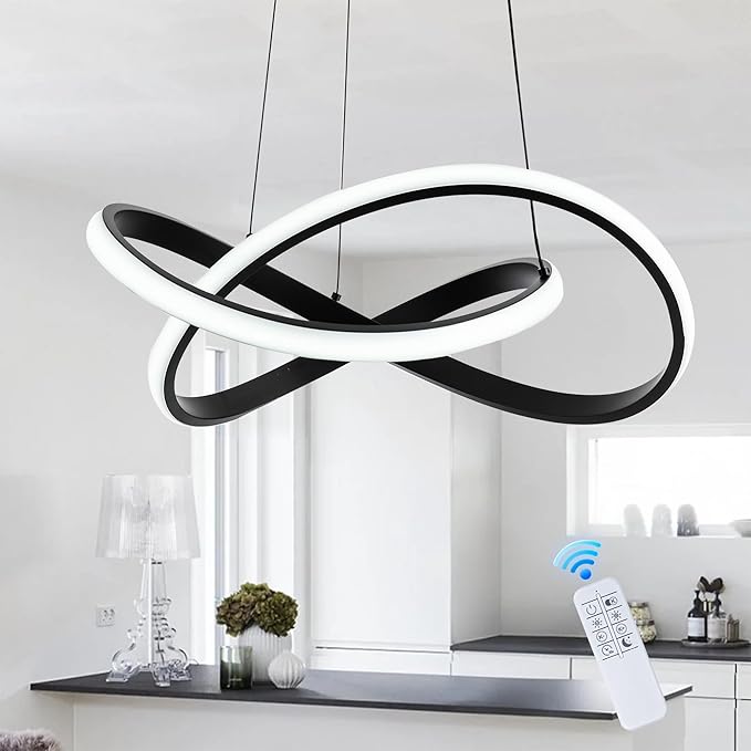 MAYNA Modern Chandelier with Remote Control, 3-Color Dimmable LED Pendant Light Fixtures, Height Adjustable Kitchen Island Lighting for Dining Room,Bedroom,Living Room, Black 19.7 inch