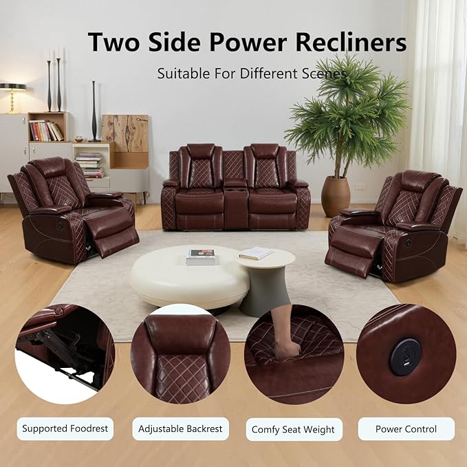 Power Recliner Loveseat and Chair, Air Leather Reclining Couch with LED/Cup Holders/Storage, 2 Pieces Reclining Living Room Furniture, Burgundy Leather Loveseat and Chair for House/Apartment/Office