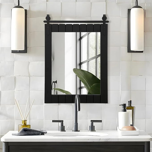 Besdomus Bathroom Black Farmhouse Mirror: 22"x30" Barn Door Solid Cedar Wood Frame Vanity Mirror - Wall Mounted Mirror Entryway/Bathroom/Living Room - Rustic Wall Decor for Housewife