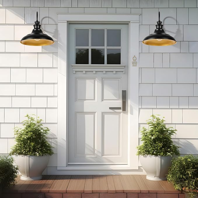 Dusk to Dawn Sensor Outdoor Barn Light Fixtures, 16 Inch Dome Farmhouse Outdoor Wall Sconces, Rustic Exterior Wall Mount Lights, Industrial Black Gold Wall Lanterns for Porch, 2 Pack