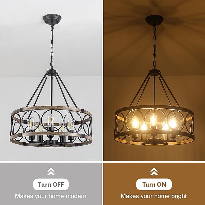 Farmhouse Chandelier for Dining Room 5-Light Black Rustic Drum Chandeliers 20" Wood Texture Adjustable Pendant Light Fixture for Kitchen Island Entryway Bedroom Hallway