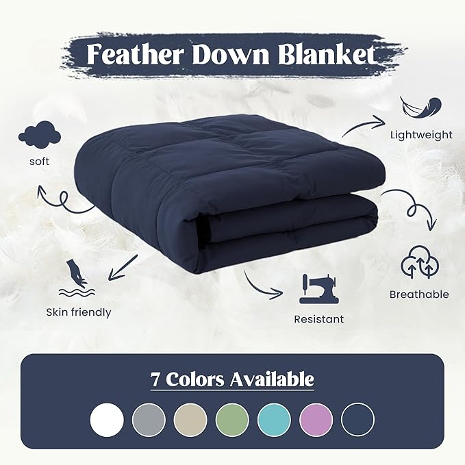 puredown® Soft Feather Down Blanket Lightweight Packable Down & Feather Fill Blanket for Indoor and Outdoor Use, Queen Size Blankets, 88"X90", Navy