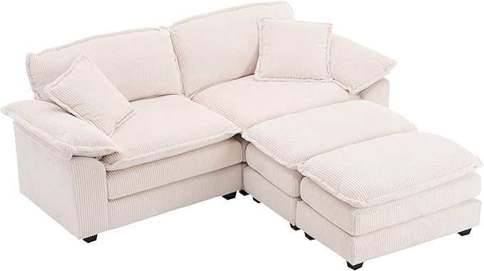 Modular Loveseat Sectional Sofa, 84.6" Corduroy Comfy Sectional Couches for Living Room, 3-Seater Cloud Couches with Movable Ottomans, Flexible Combination Modern Deep Seat Sofa | Thickness Cushions, Solid Wood Frame, Pillow-top Armrest