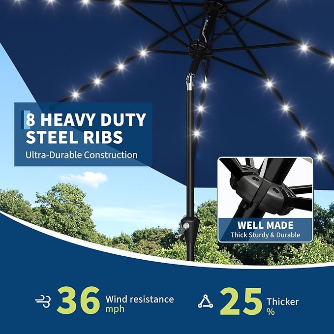 Garvee 9FT Solar Patio Umbrella with 32 LED Lights - Outdoor Table Umbrella with Crank Lift, Push Button Tilt and 8 Sturdy Ribs - Market Umbrella UV Protection for Pool, Deck, Yard, Garden -Navy Blue
