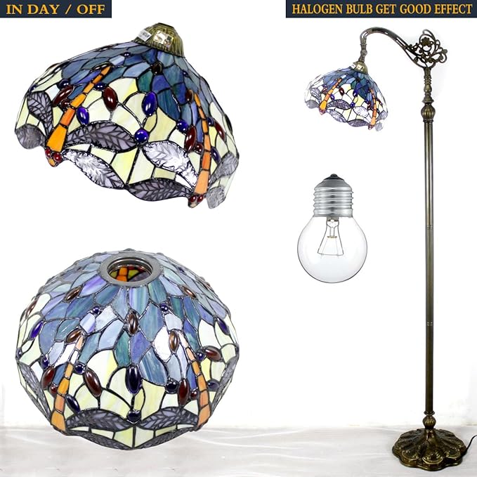 WERFACTORY Tiffany Floor Lamp Sea Blue Yellow Stained Glass Dragonfly Arch Lamp 12X18X64 Inch Gooseneck Adjustable Corner Stand Reading Light Decor Bedroom Living Room S128 Series