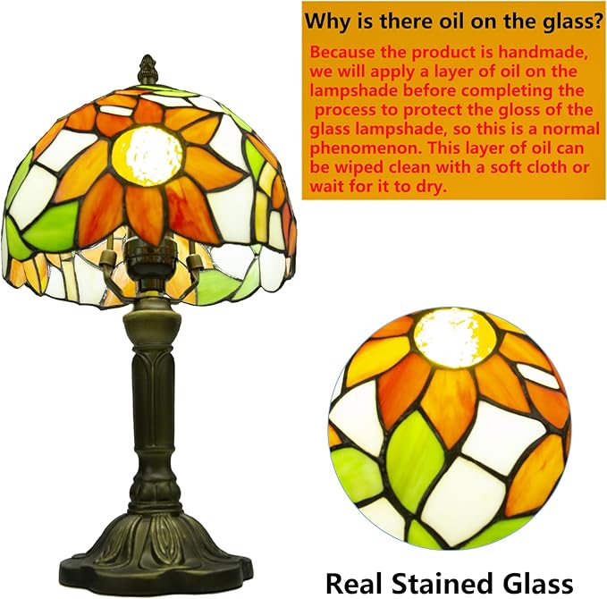 Crefotu Tiffany Style Table Lamp, 3 Color Temperatures Bedside Lamp, 8 Inch Stained Glass Desk Light for Home Office Bedroom Living Room (Sunflower Pattern)