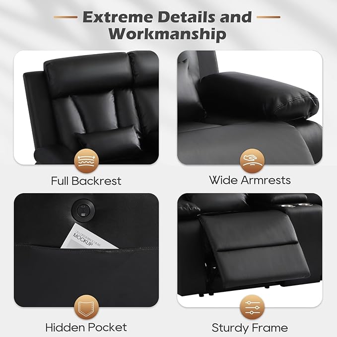 Power Reclining Loveseat with Console, Power Loveseat Recliner Sofa with Lumbar Pillow, USB,Type-c Ports, Eelctric Reclining Couch with Cup Holders for Living Room(Black, Loveseat)