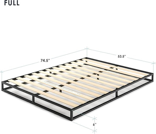 Mellow Modernista Low Profile 6 Inch Metal Platform Bed Frame with Classic Wooden Slat Support Mattress Foundation (No Box Spring Needed), Full, Black