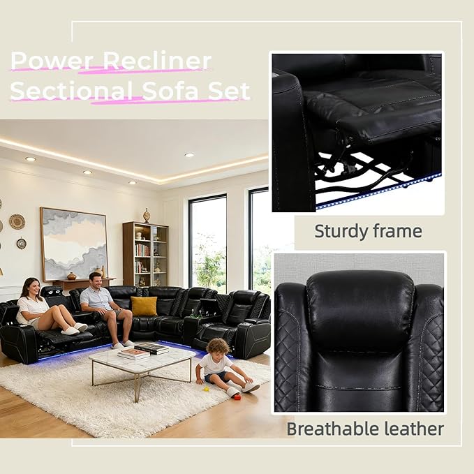Power Reclining Sofa Set with LED Light, Living Room Furiture Set,Leather Reclining Sectional Couch with USB Port/Cup Holder for Living Room Home Office