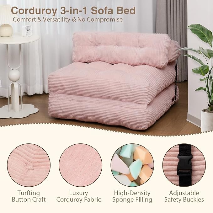 Folding Sofa Bed, Folding Chair Bed with Pillow, Convertible Lazy Sofa Bed with High-Density Support Foam, Fold Out Chair for Small Spaces Living Room Bedroom, Pink