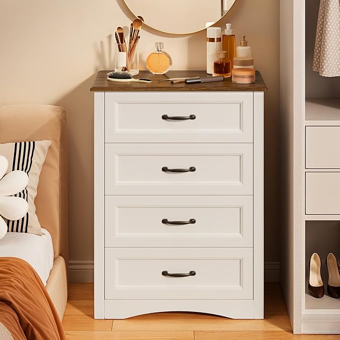 Gizoon Dresser for Bedroom with 4 Drawers Wooden Chest of Drawers for Closet Dresser Storage Unit Organizer for Hallway Living Room and Office, White and Rustic