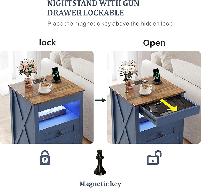 Farmhous Nightstand with Gun Drawer,Bedside Table with Charging Station, Gun Night Stand with LED Light & Human Sensor,Smart End Table for Bedroom, Blue