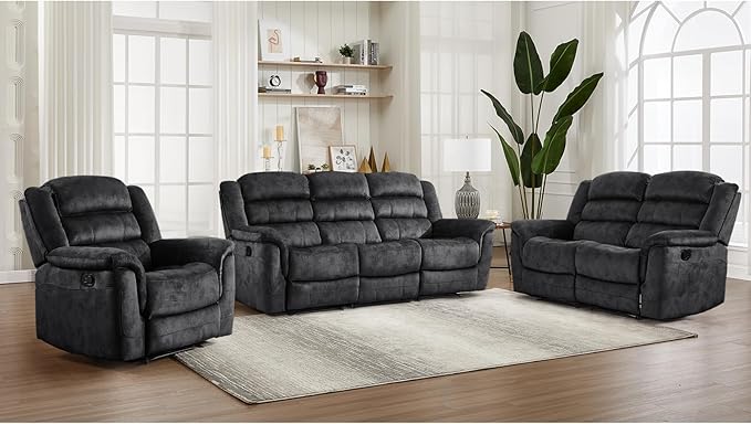 EBELLO 3 Pieces Reclining Living Room Set, Overstuffed Soft Fabric Manual Recliner, Loveseat Recliner and Bonded 3 Seat Reclining Couch Set for Living Room, Grey